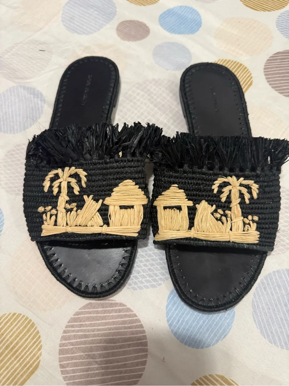 Tory Burch Black Raffia Slide Sandals with Natural Embroidered Detail